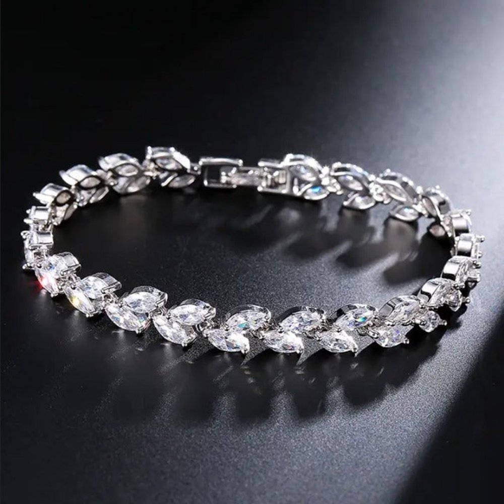 14K White Gold 2ct Diamond Leaf Tennis Bracelet Ladies 14 Karat Silver Jewelry
